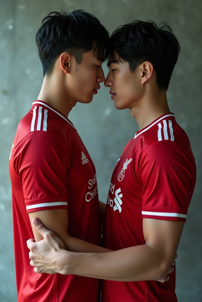 Asian gay couple kissing in a football locker room over dim yellow lighting