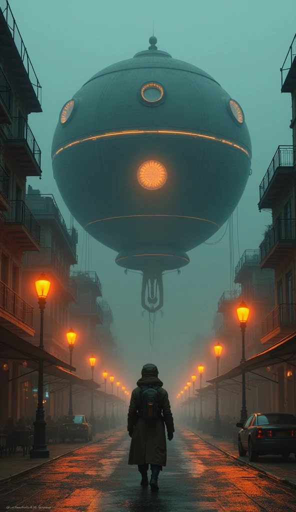 Futuristic cityscape at dusk: a massive alien spacecraft looms above the street, its dome-shaped entrance beckoning with circular windows and an open hatch. Warm glow from vintage-style street lamps illuminates the dimly lit street, contrasting with the sleek technology of the ship. Hazy sky adds mystery. A suited explorer approaches the spaceship, ready to embark on a journey through the unknown.