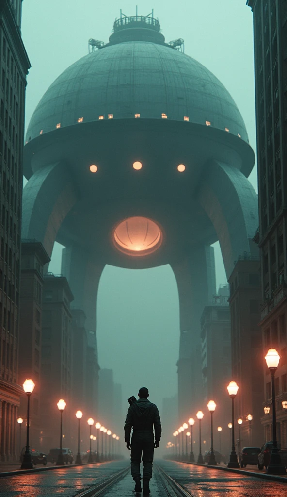 Futuristic cityscape at dusk: a massive alien spacecraft looms above the street, its dome-shaped entrance beckoning with circular windows and an open hatch. Warm glow from vintage-style street lamps illuminates the dimly lit street, contrasting with the sleek technology of the ship. Hazy sky adds mystery. A suited explorer approaches the spaceship, ready to embark on a journey through the unknown.