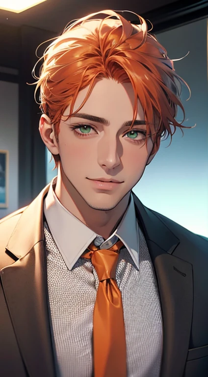 (Highest quality,4K,8K,High resolution,masterpiece:1.2),Super detailed,(Realistic,photoRealistic,photo-Realistic:1.37),1 person,34 years old,Mature Men,Beautiful skin、very handsome,Expressionless smile in love,Short orange hair,green eyes,Sharp Eyes,A perfect face without a doubt,Businessman, CEO, Office Background,Cinema Lighting,HDR image,tie、
