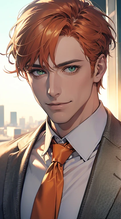 (Highest quality,4K,8K,High resolution,masterpiece:1.2),Super detailed,(Realistic,photoRealistic,photo-Realistic:1.37),1 person,34 years old,Mature Men,Beautiful skin、very handsome,Expressionless smile in love,Short orange hair,green eyes,Sharp Eyes,A perfect face without a doubt,Businessman, CEO, Office Background,Cinema Lighting,HDR image,tie、