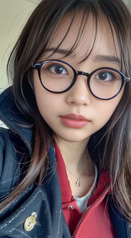 ((Highest quality、8k、masterpiece:1.2))、Ultra-high resolution、Very detailed、close-up of a person wearing glasses and a red hoodie., Adorable Japan human face, Ulzzang, 薄くて大きな丸いWear glassesいる, 若くてAdorable Japan human face, Wear glasses, 小さな丸いWear glassesいる, with cute - lovely - face, cute - lovely - face, Cute Face, 丸くてCute Face, Round face, Selfie、ponytail