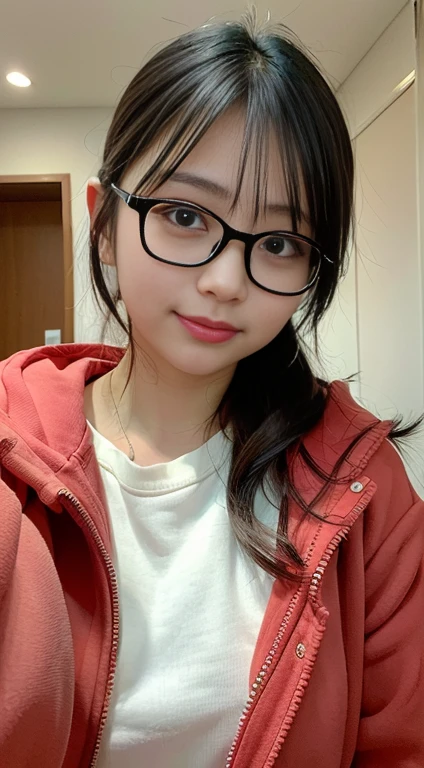 ((Highest quality、8k、masterpiece:1.2))、Ultra-high resolution、Very detailed、close-up of a person wearing glasses and a red hoodie., Adorable Japan human face, Ulzzang, 薄くて大きな丸いWear glassesいる, 若くてAdorable Japan human face, Wear glasses, 小さな丸いWear glassesいる, with cute - lovely - face, cute - lovely - face, Cute Face, 丸くてCute Face, Round face, Selfie、ponytail