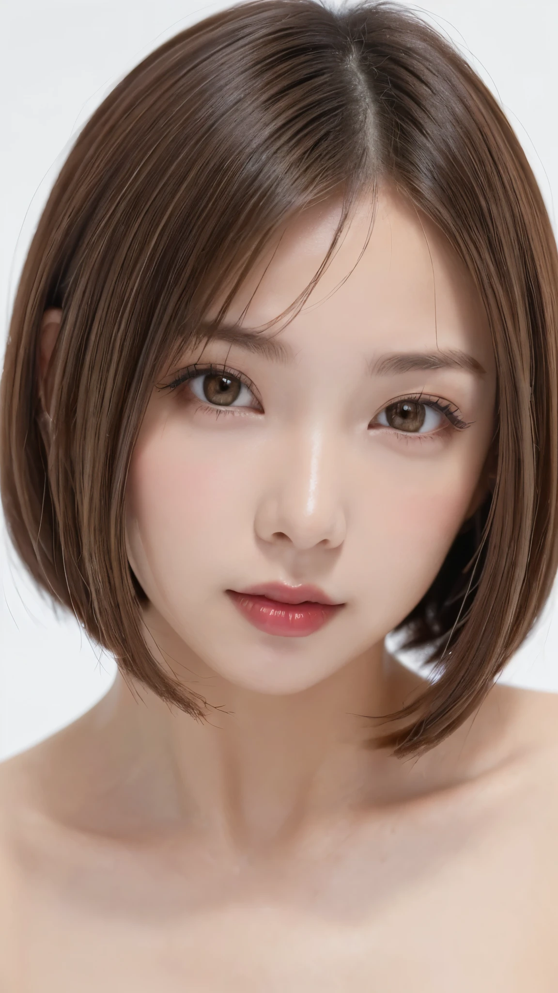 ((Close-up of face:1.7)、((staring at the front:1.7))、((Squint your eyes:1.4))、((Naked Women:1.5))、((No underwear:1.4))、((small and flat chest:1.7))、((Short Bob Cut:1.4))、((Apply beautiful makeup:1.5))、(((amount、Small breasts、Round face、White blonde Hair、beautiful girl、blonde、White Background、cute、young、True Face、Shiny Hair、whole body)))、Tabletop, Highest quality, shape, Very detailed, finely, High resolution, 8k wallpaper, Perfect dynamic composition, finelyて美しい目, Deco Out,blonde, Medium Hair, Small breasts, Natural color lip,White Background,