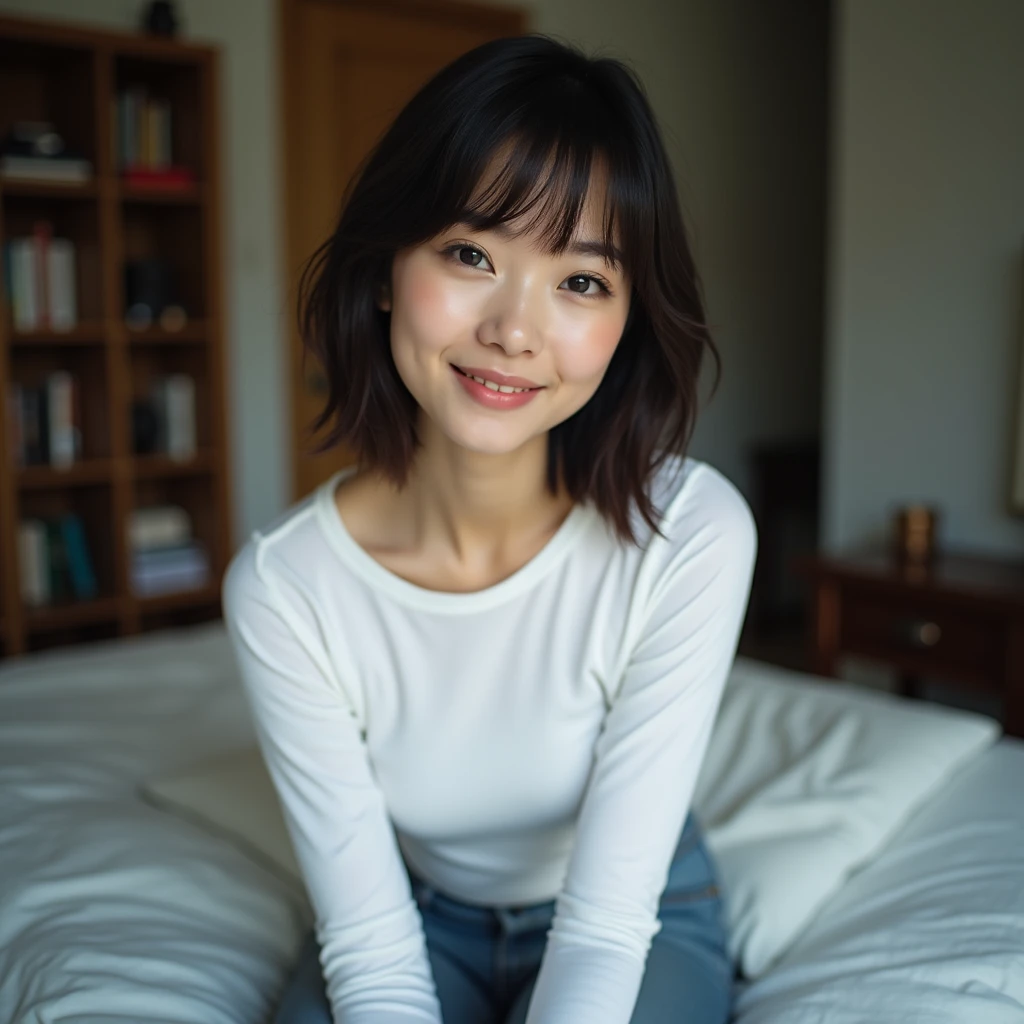 Very cute 20 year old Japanese woman, corners of mouth turned up, gentle smile, muffin top, detailed face, detailed body with nice curves, drinking wine in the living room. Late night, movie photography, Leica 50 mm prime lens, Cine Steel 800T film, art color photography