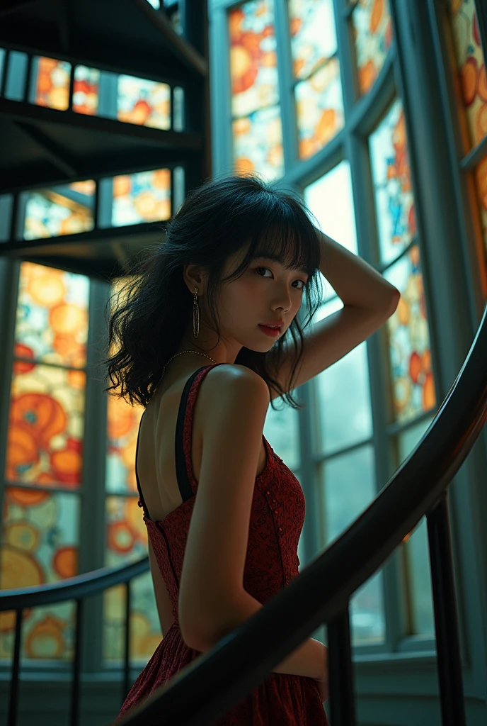 Masterpiece 32K RAW photo with best quality, ultra-detailed and insanely intricate. A dynamic angle captures a mysterious scene with spiral theme, featuring an 18-year-old beautiful Japanese girl with fair skin, kawaii features. She has brown, big eyes, casual wavy medium hair, detailed skin, and wears a detailed dress with intricate fabric, a necklace, and earrings. She looks back with her arm up, standing near a spiral staircase surrounded by walls made of stained glass.