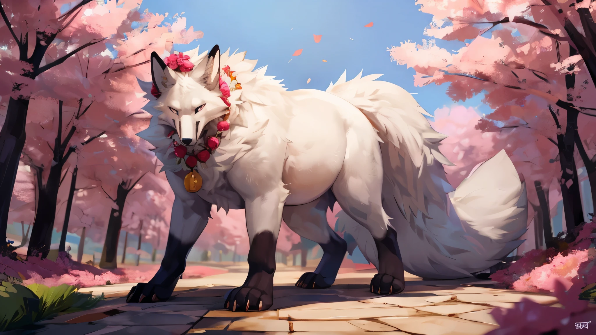 4k ultra quality, 4k full body view,(ultra high detailed body),((feral)) fox,by mystikfox61, by glitter trap boy,feral paws, by bebebebebe,by morethreedee, by seibear,sharp nails,((sfw)),(ultra detailed face),detailed eyes,big tail,fluffy tail,(detailed tail),enomorous tail,bigger tail,huge tail,volumetric light,fluffy paws,(feral focus), beast,(bigger lower body),(long legs),master works, super fine, 4k resolution, high quality,high picture detail,illusory engine, Masterpiece,dire fox,faint lighting,(white fur),((long legs)),( fox),white belly fur,enomorous belly, huge belly, (round belly),(macro),among sakura, crowds,wearing flower necklace,front view