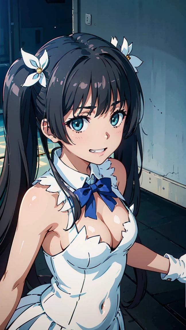 (High resolution:1.4), (masutepiece:1.2), (High quality:1.3) 1girl, saten ruiko, green eyes, long hair, black hair, small breast, (hestia, rei no himo, breasts, long hair, blue ribbon, twintails, gloves, ribbon, dress, rei no himo, large breasts, blue eyes, black hair, white gloves, cleavage, white dress, hair ribbon, bow, sleeveless, sleeveless dress, bangs, cleavage cutout, hair ornament, bowtie, clothing cutout, very long hair, covered navel, arm ribbon),, cinematic lighting, pov, dynamic angle, comiket_cosplay_Hiroba comiket_cosplay, N4, grin,