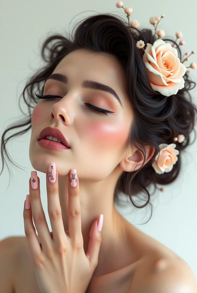 (photorealism:1.2), art woman, face with closed eyes, Strong art makeup for the face, fancy flower art hair, relaxed pose, realistic, intricate details, long nail art, advertisement, white background
