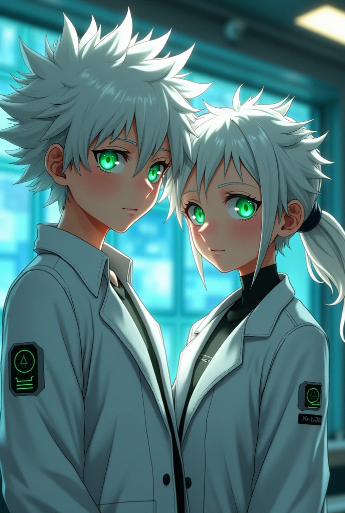 Izuku Midoriya with white hair and green eyes wearing a futuristic lab coat with his AI sister with same characteristics.