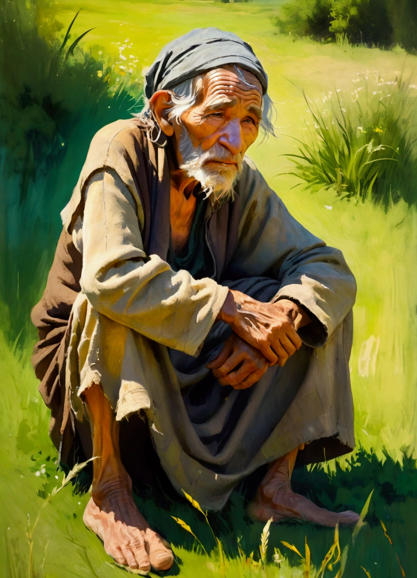 a old tattered beggar sit down the grass, impressionist painting style, detailed wrinkles, lush green grass, warm sunlight, soft focus, vibrant colors, loose brushstrokes, textured canvas, high detail, masterpiece
