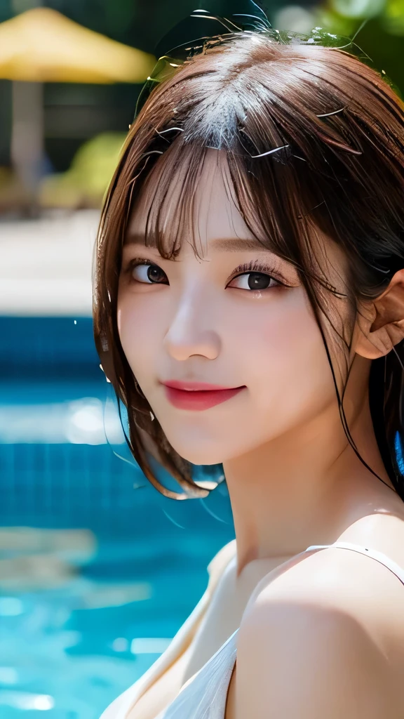 Tabletop, Highest quality, shape, Very detailed, High resolution, 8k wallpaper, Perfect dynamic composition, Ultra detailed face, Natural Lip , Cleavage, (The eyelashes on both eyes are equal and beautiful.), looking at the camera, (whole body), Daytime, Pool, smile, Wet Hair
