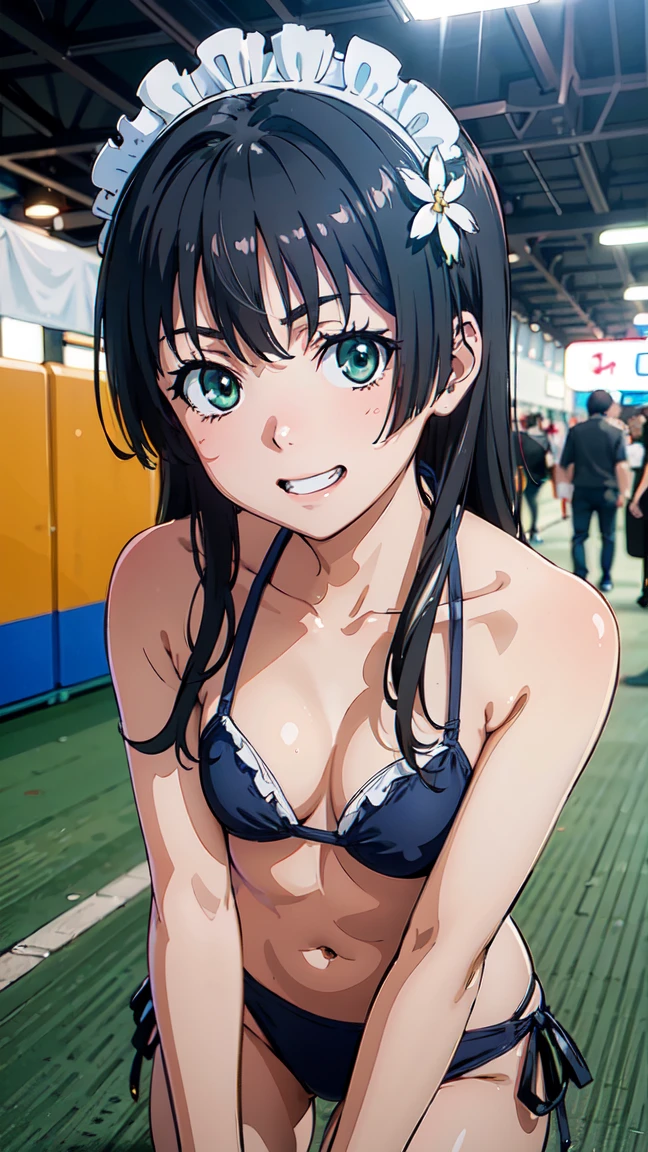  (High resolution:1.4), (masutepiece:1.2), (High quality:1.3) 1girl, saten ruiko, green eyes, long hair, black hair, small breast, (maid Bikini),, cinematic lighting,  pov, dynamic angle, comiket_cosplay_Hiroba comiket_cosplay, N4, grin,