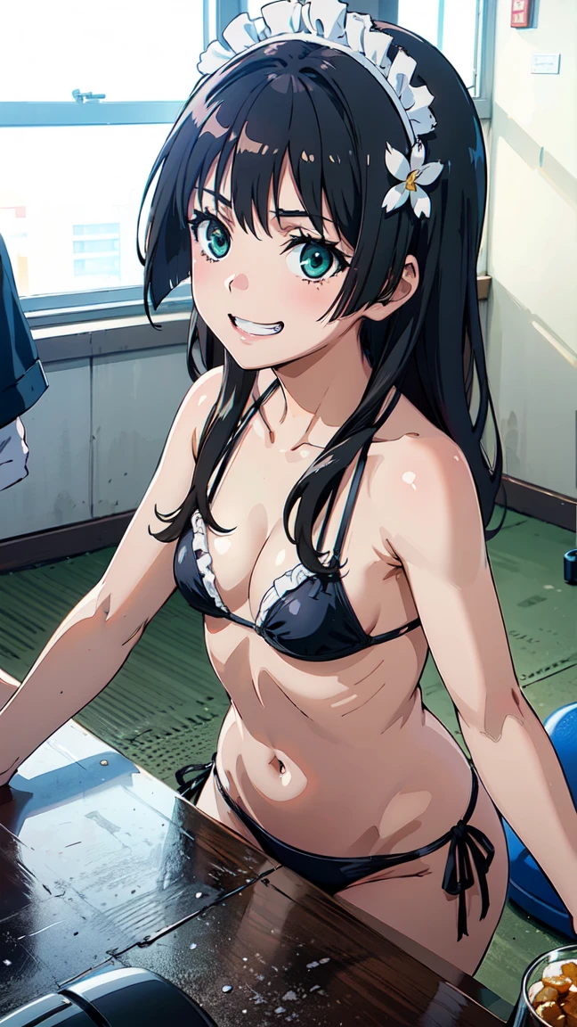 (High resolution:1.4), (masutepiece:1.2), (High quality:1.3) 1girl, saten ruiko, green eyes, long hair, black hair, small breast, (maid Bikini),, cinematic lighting, pov, dynamic angle, comiket_cosplay_Hiroba comiket_cosplay, N4, grin,
