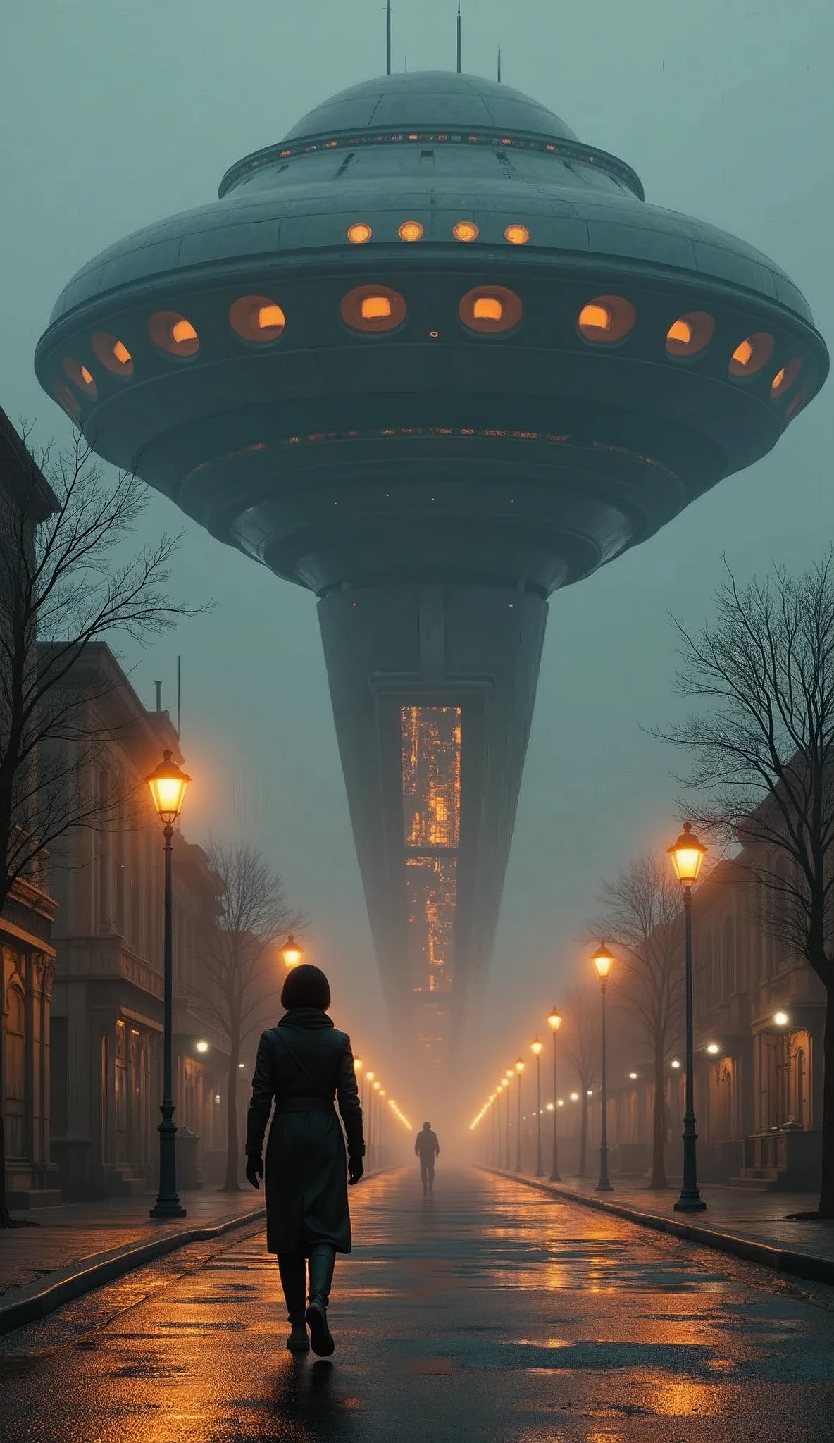 Futuristic cityscape at dusk: a massive alien spacecraft looms above the street, its dome-shaped entrance beckoning with circular windows and an open hatch. Warm glow from vintage-style street lamps illuminates the dimly lit street, contrasting with the sleek technology of the ship. Hazy sky adds mystery. A suited explorer approaches the spaceship, ready to embark on a journey through the unknown.