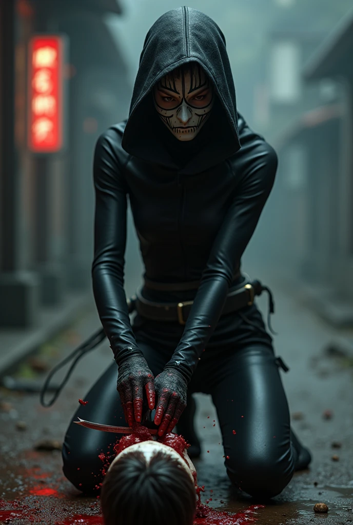 Japanese female assassin with a mask decapitates her enemy