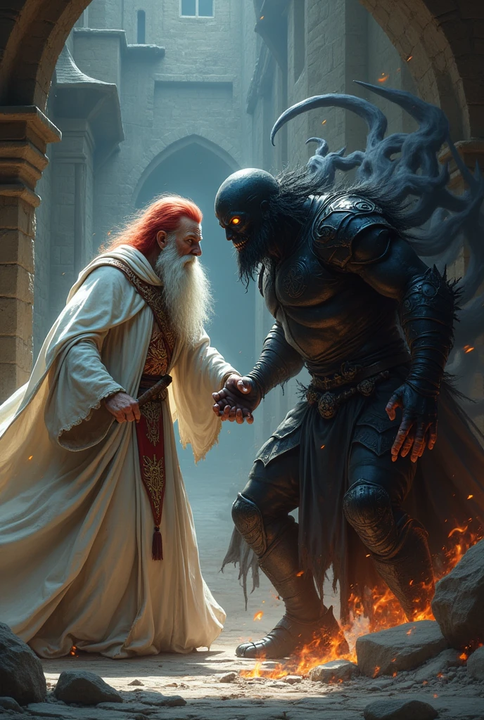 Make an old man with red and white hair,In white medieval clothing, Fighting against a man who has half his body dark with black flames, He will wear black armor, he has dark powers