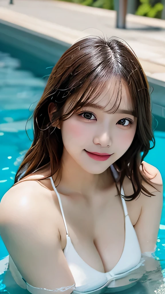 Tabletop, Highest quality, shape, Very detailed, High resolution, 8k wallpaper, Perfect dynamic composition, Ultra detailed face,  Natural Lip , Cleavage, (The eyelashes on both eyes are equal and beautiful.), looking at the camera, (whole body), Daytime, Pool, smile, Wet Hair