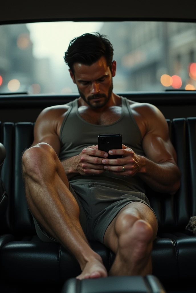 Henry Cavill huge muscles is laying DOWN BACKWARD in BACKSEAT, LEGS up, barefoot, tank top, microshorts, strong arms, sweaty, pocketsfull, pull ups tight, checking phone SFW, giant muscles