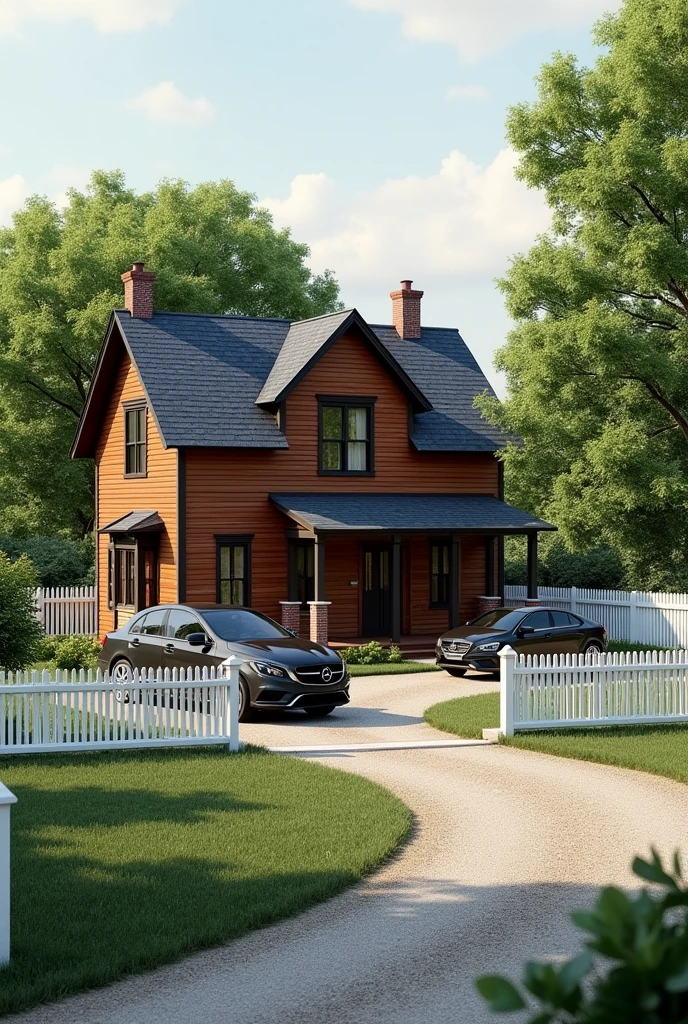 Small brown country house with black roof, with white fence perimeter, and parking for two black cars