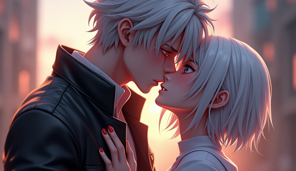Create in 3d anime style a handsome boy with white hair and a blood line cut on his hair with red blood eyes and boy have blood tears in his eyes wearing smart leather jacket with a 17 years beautiful girl with white Short hair and blue colure eyes like yorha 2b and they both kissing deeply