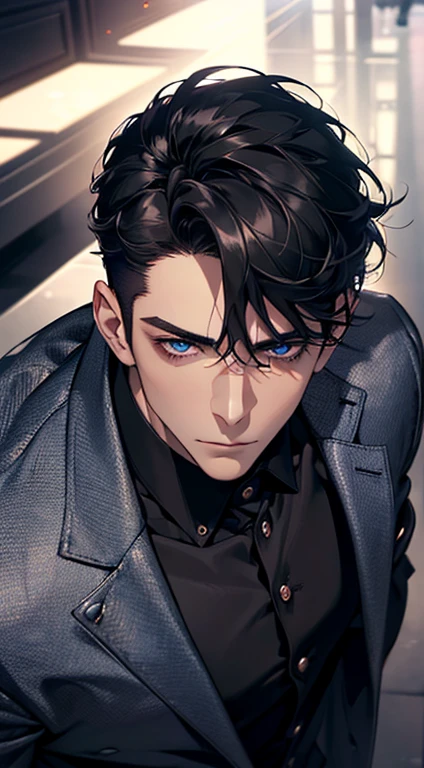 (best quality, masterpiece, 8K, photorealistic, cinematic lighting, 1:4 hdr image, top view, ultra detailed, beautiful image), a mature man, very handsome, short black hair, blue eyes, perfect face without errors , ((buttoning his jacket, CEO))