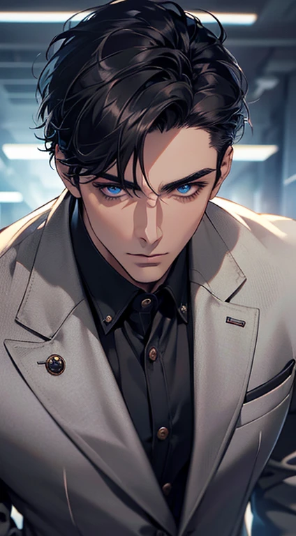 (best quality, masterpiece, 8K, photorealistic, cinematic lighting, 1:4 hdr image, top view, ultra detailed, beautiful image), a mature man, very handsome, short black hair, blue eyes, perfect face without errors , ((buttoning his jacket, CEO))