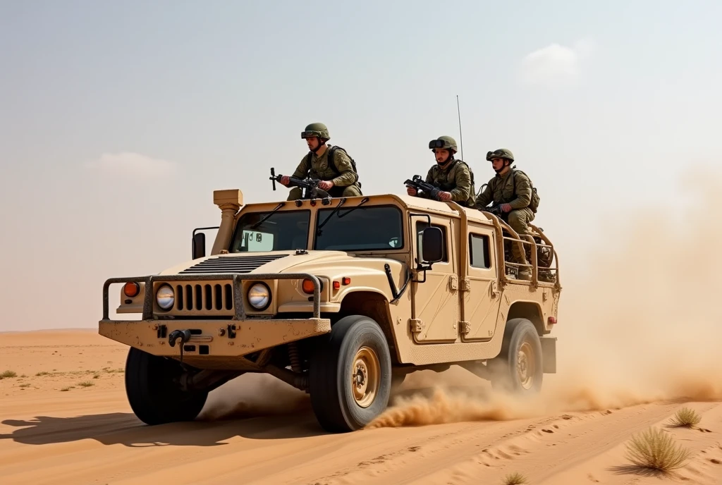 soldiers in a military vehicle driving through the desert, armed guerrillas, military vehicles, TOYOTA truck, military equipment, military weapons, modern military equipment, battle ram, vehicle, military equipment, military, profile pictures, female soldiers, military pictures, military photos multicam, militaristic, beautiful shot, carriage, desert camouflage, hello warthog, tactical,