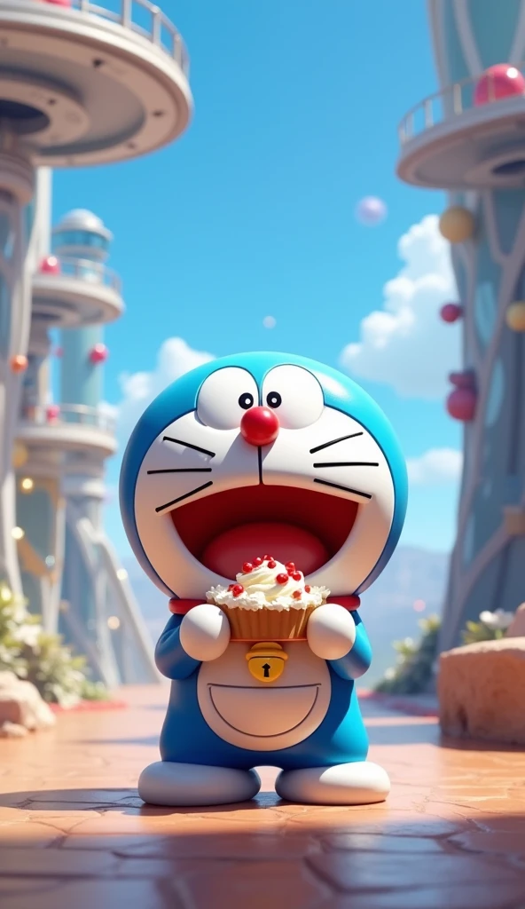 Doraemon was sent back home by the black hole, feeling happy and holding a cake in his hand.