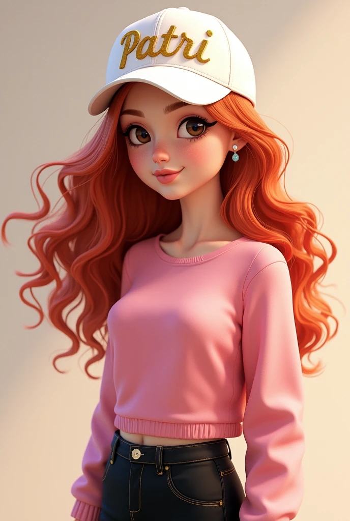 A girl with brown eyes and red hair wears a white cap with gold letters spelling the name Patri . Wear a pink top and black pants 