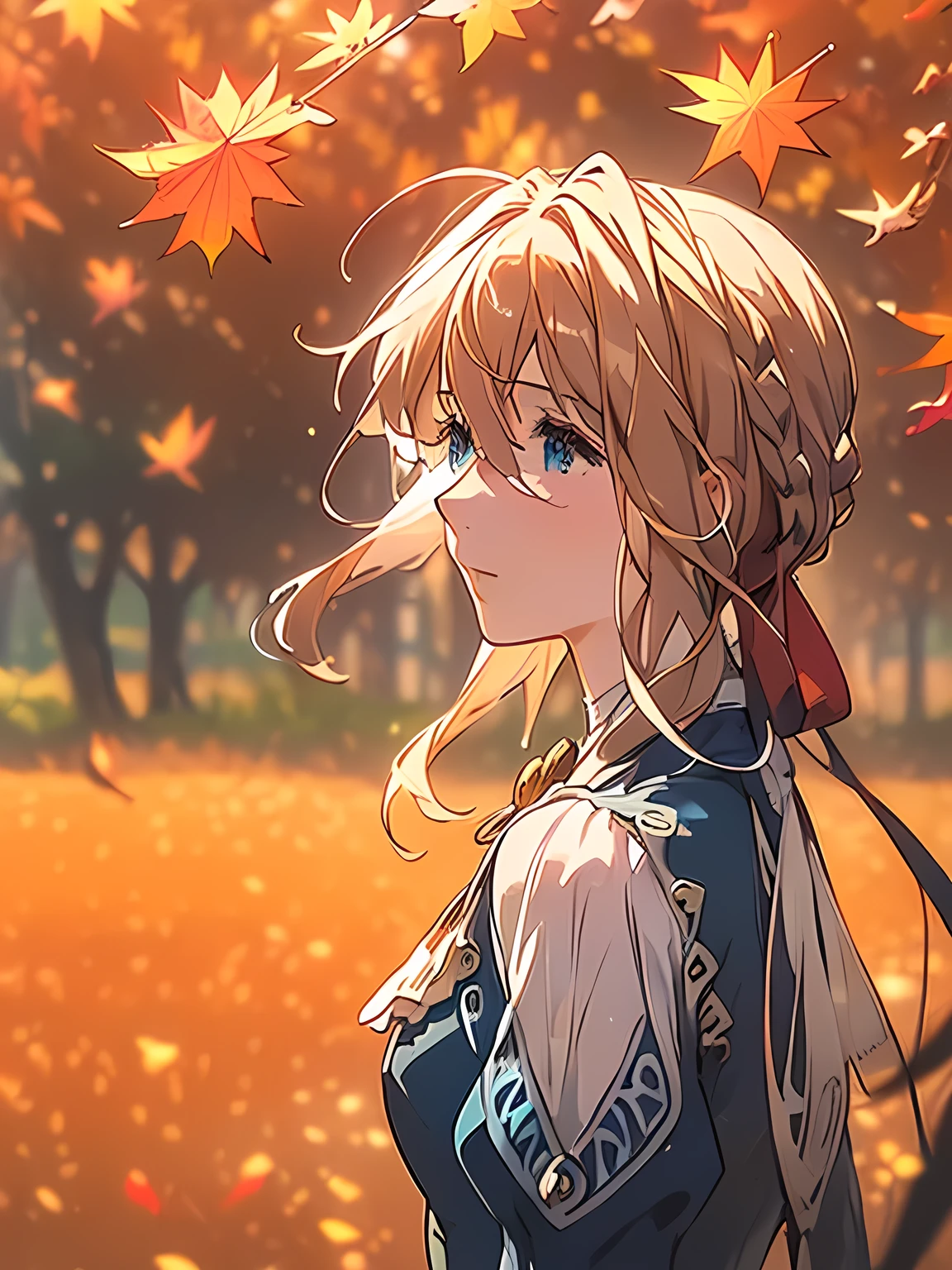 (((Very beautiful autumn scenery:1.3))), (Super detailed face, Highly detailed, Violet Evergarden:1.3), Highly detailed face, Blonde hair, Blue eyes, hair between eye, full body, bow ribbon, Red Ribbon, braid, Hair Ribbon, Blue jacket, Long skirt, Jewelry, Bangs, brooches, anime realism style, Anime coloring, White Ascot, autumn leaves, Falling leaves, Withered leaves floating, tree, light leaks, (light particles:1.2, Sparkling landscape), extremely details CG, (Perfect Anatomy), Perfect beautiful composition, ((masterpiece, best quality, HDR, high resolution))