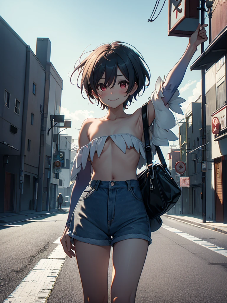 (​masterpiece、top-quality、hight resolution、Unity 8k、extremely details CG:1,Best Picture), flat chest, A girl is hitchhiking. She is standing by the roadside with her bag. The background is a desolate rural landscape, with long stretches of road, few trees and no houses in sight. She raises her arms high, smiles a bashful smile and confidently signals the car to stop, creating a cheeky attitude. It should convey an attempt to stop the car in a secluded and isolated setting. nsfw, Lilith, micro shorts, Responding with a smile