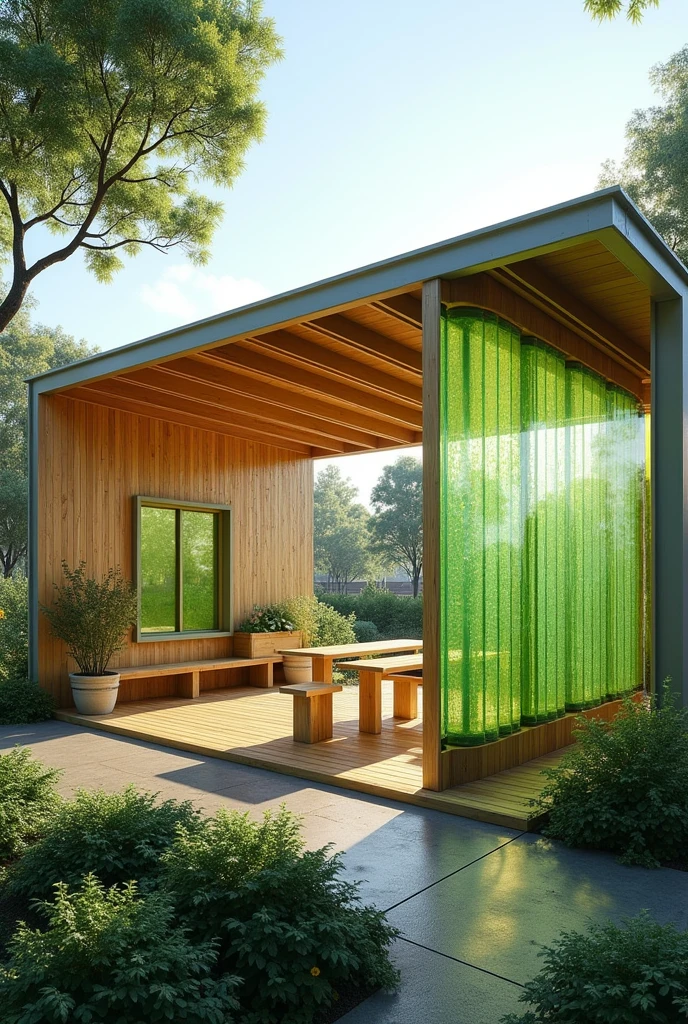 For an open shed design in a school garden with integrated algae panels, imagine this:
### **Design Concept: Open Algae-Powered Shed**
1. **Structure and Layout:**
- **Open-Air Design:** The shed is mostly open, with a simple roof supported by pillars. It doesn’t have full walls, allowing for easy access and a breezy, airy environment.
- **Roof:** The roof is sloped or flat, made of lightweight, eco-friendly materials like bamboo or recycled steel. It extends outward to provide shade and shelter, much like a pergola.
2. **Algae Panels:**
- **Panel Placement:** The algae bioreactor panels are positioned along one side of the shed, possibly acting as a partial wall. They can be vertical glass tubes or flat, clear panels filled with green algae with watery . These panels are exposed to sunlight to maximize photosynthesis.
- **Energy Production:** The energy generated by the algae powers LED lighting under the roof or small solar-powered fans to keep the area cool.
3. **Garden Integration:**
- **Open Space:** The shed’s open sides allow it to blend seamlessly with the garden. Flower beds, shrubs, or even potted plants are placed around the shed’s perimeter.
- **Seating and Work Areas:** Simple wooden benches or tables are set up under the roof for students to sit, study, or work on gardening tasks.
4. **Educational Touches:**
- **Interactive Learning:** The shed serves as both a functional space and an educational station. Small signs or digital displays are mounted on the supporting pillars or near the algae panels, explaining how the system works.
- **Workshops and Lessons:** The shed can be used for gardening lessons, workshops on sustainability, or even environmental science classes.
5. **Lighting and Atmosphere:**
- **Soft Green Glow:** In the evening or on cloudy days, the shed has a soft green glow from the algae-powered lights, creating a cozy atmosphere.
- **Natural Elements:** The open design lets in natural light and breeze