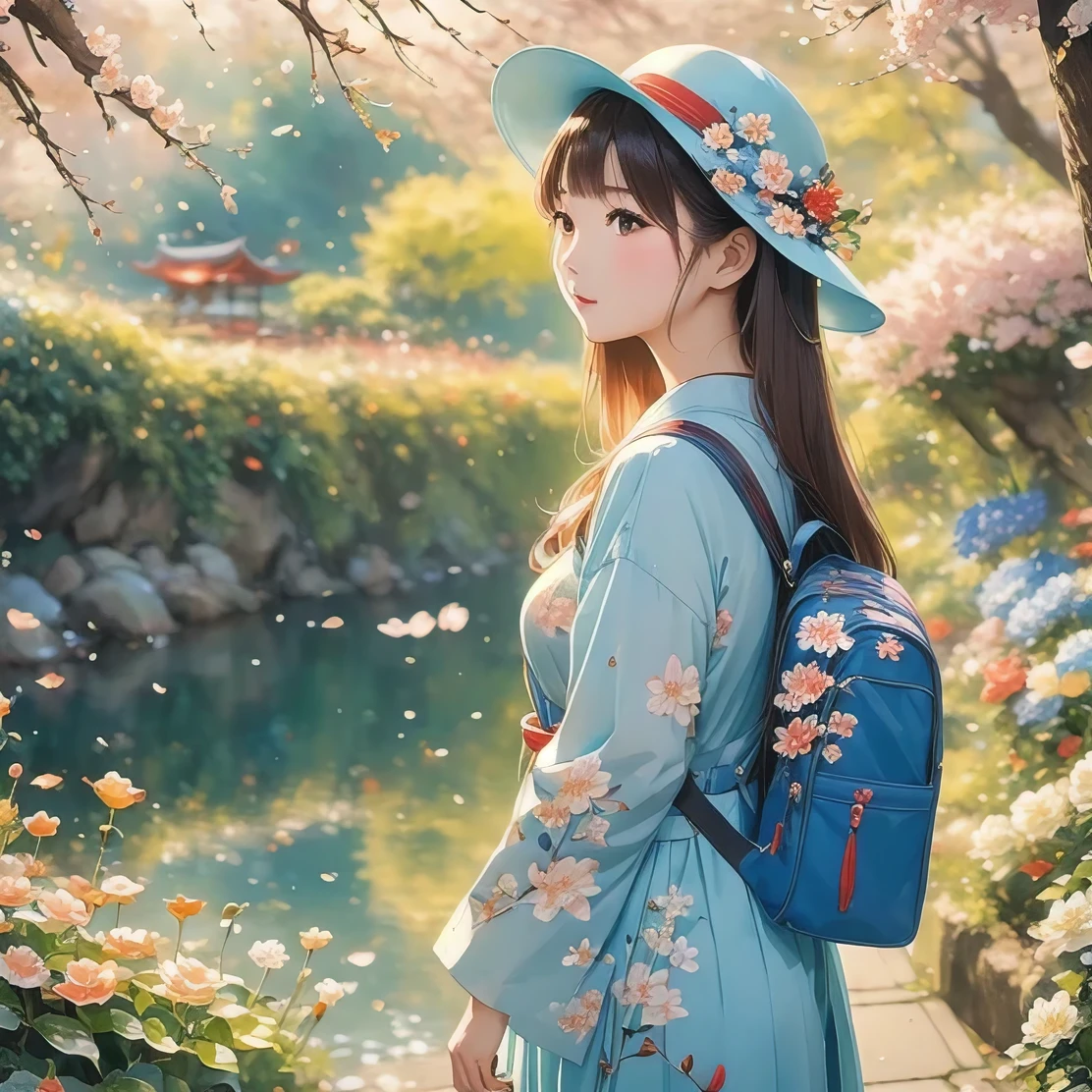 blue flower, masterpiece, Highest quality, High resolution, Shrine maiden1, cherry blossoms_Shrine maiden, one person, big_TİTS, a young asian woman posing in city street with backpack and suitcase, 1girl, solo, hat, long hair, bag