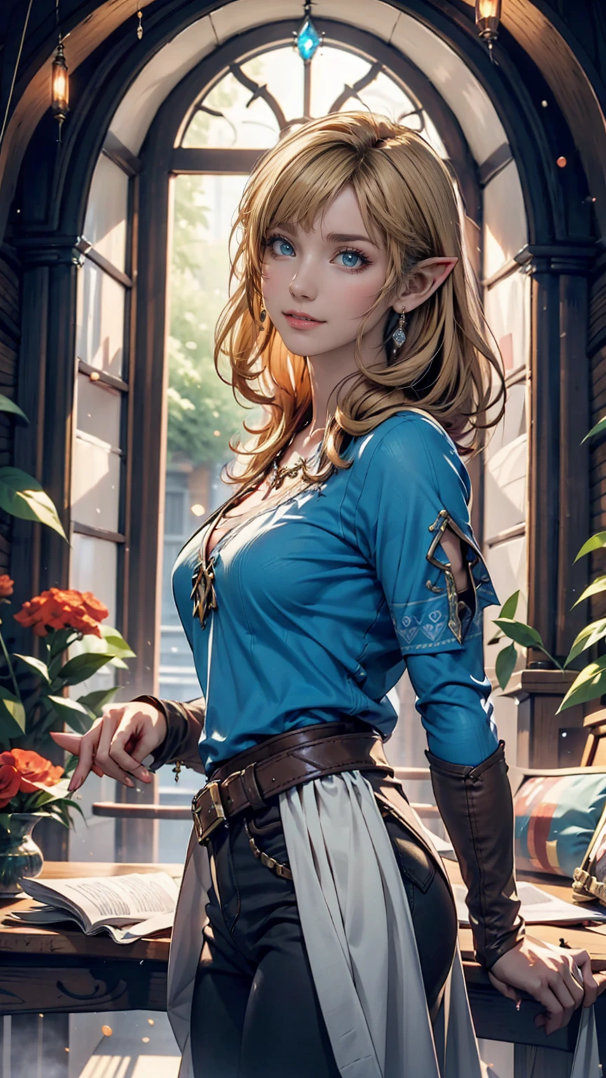 Princess Zelda, One person, Artist Request, belt, Blonde, blue shirt, Book, boots, smile、whole body, Green Eyes, High resolution, View your viewers, magic, Nintendo, pants, Pointed Ears, shirt, short hair, Simple Background, alone, The Legend of Zelda, The Legend of Zelda: Tears of the Kingdom, The Legend of Zelda: Tears of the Kingdom, Flowers made of light, magic