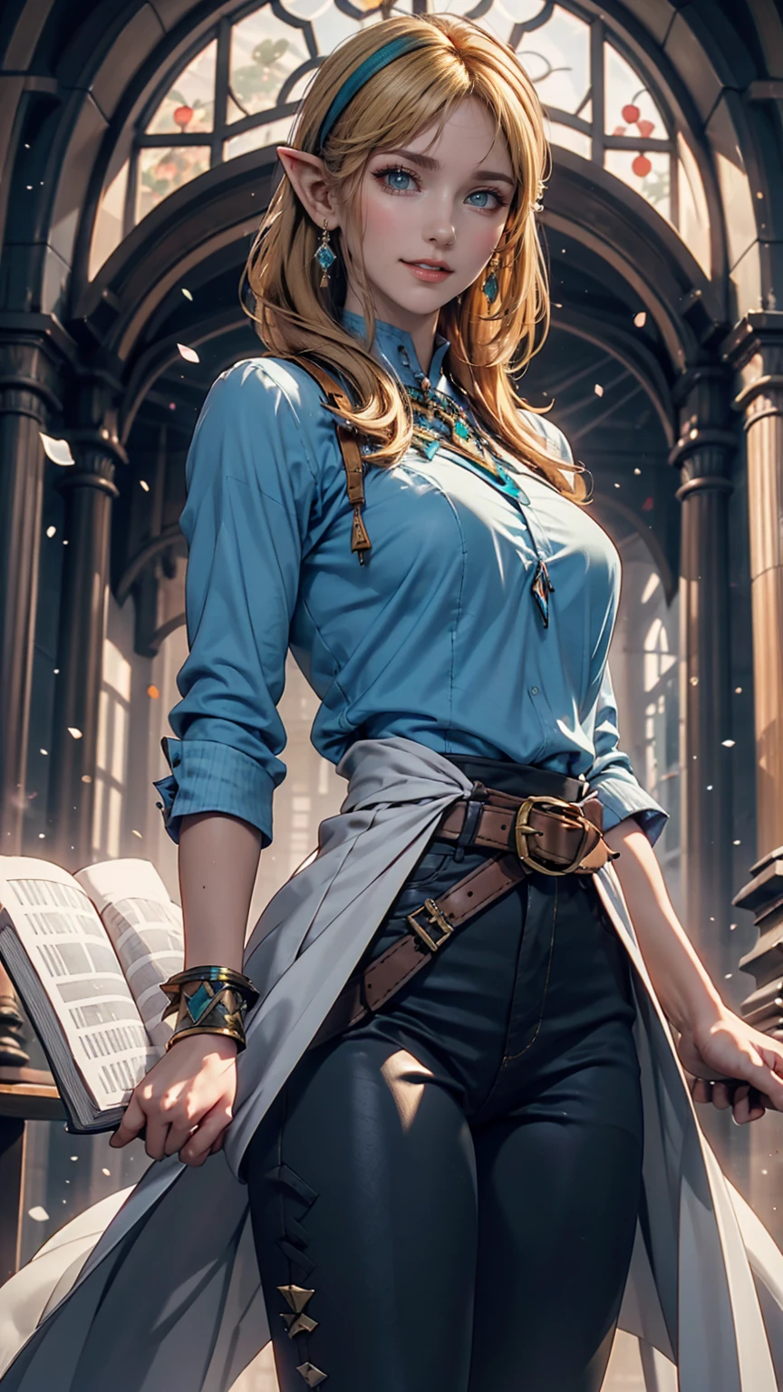 Princess Zelda, One person, Artist Request, belt, Blonde, blue shirt, Book, boots, smile、whole body, Green Eyes, High resolution, View your viewers, magic, Nintendo, pants, Pointed Ears, shirt, short hair, Simple Background, alone, The Legend of Zelda, The Legend of Zelda: Tears of the Kingdom, The Legend of Zelda: Tears of the Kingdom, Flowers made of light, magic