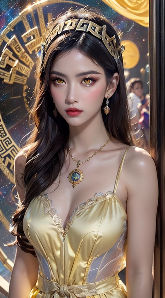 1 2, 1 athena goddess from the future, 12 zodiac goddess pink purple, athena goddess face sexy thin yellow nightgown, long thin nightgown 12 zodiac many limbs sexy black lace detail, mythical goddess of the athena from the future, zodiac ♏, luxurious glittering athena style, dark and mysterious version, athena crown, lipstick red lips, thin and pretty lips, don't smile, keep your mouth shut, characters created by karol bak and pino daeni, intricate detail, detailed background, extremely detailed, light magic, a woman, clear face, looking at the upper body of the goddess of the athena, round breasts, big and round breasts, phoenix hair brooch, long hair with bangs, (Long hair has 7 colors like rainbow:1.9), beautiful detailed face and well-proportioned eyes, (transparent yellow eyes: 1.8), big round eyes and very beautiful and detailed makeup, visionary, long silk nightgown, mysterious makeup, Bracelets, side bangs and dye pale yellow, upper body, (athena goddess upper body: 1.8), drooping arms, Realistic and vivid photo, (stars that make up the athena: 1.7), ( sky athena and fictitious space and time portal: 1.8), fiction art, RAW photo, hanfu photo, best photo , high_res, best quality, best photo, 8k quality, 8k ultra , surrealism, the most economical real photo, artistic portrait of athena signs, 1 symbol of athena signs behind, single portrait of athena goddess, The most realistic color scheme, best photo color, masterpiece, hair ornament, necklace, jewelry, Beautiful face, upper body, tyndall effect, photo realistic, dark studio, border light, two tone light, (detailed skin) high: 1.2), 8k uhd, dslr, soft light, high quality, volumetric light, candid, Photo, high resolution, 4k quality, 8k, Bokeh, Smooth and sharp, pixel up 10 times, Charming athena goddess, sexy athena goddess, (background space: 1.8), (galaxy: 1.7), aurora, lightning, (Aurora Background: 1.8), perfect eyes, photo of perfect eyes, beautiful goddess and flowers,