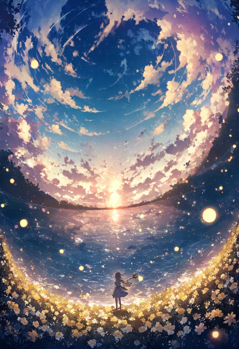blue sky, White clouds floating in the distance, Standing on a sea of flowers, holding a fae wand、Fireflies are flying around. The background features cloud flowers of various sizes.., dream-like, 青い色調のdream-like雰囲気. High definition anime style, High resolution. Panoramic view from above, Capturing the vastness of nature. Soft lighting creates a warm atmosphere.