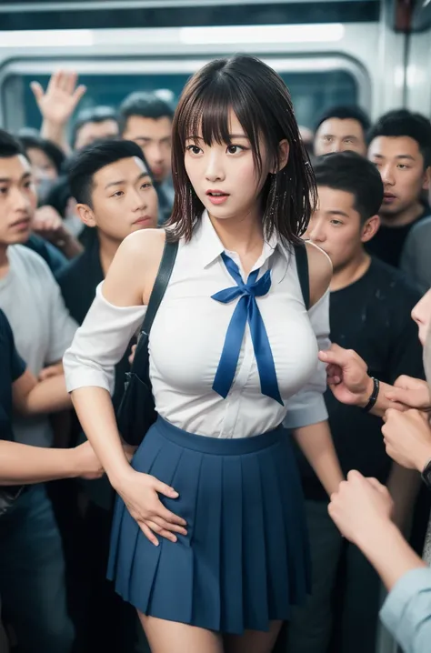 (molestation:1.8) japanese woman, huge breasts:1.5, oversized breasts, (white halfsleeve shirt,darkblue neckribbon,pleated short...