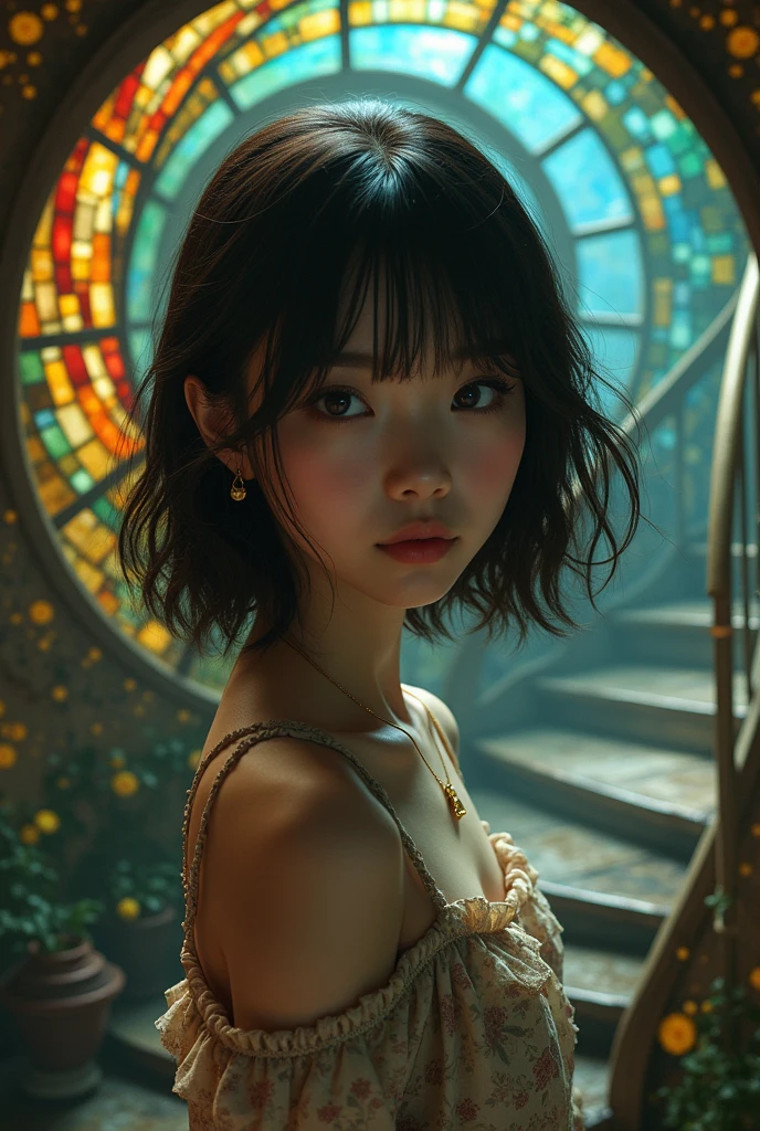 Masterpiece 32K RAW photo with best quality, ultra-detailed and insanely intricate. A dynamic angle captures a mysterious scene with spiral theme, featuring an 18-year-old beautiful Japanese girl with fair skin, kawaii features. She has brown, big eyes, casual wavy medium hair, detailed skin, and wears a detailed dress with intricate fabric, a necklace, and earrings. She looks back with her arm up, standing near a spiral staircase surrounded by walls made of stained glass.