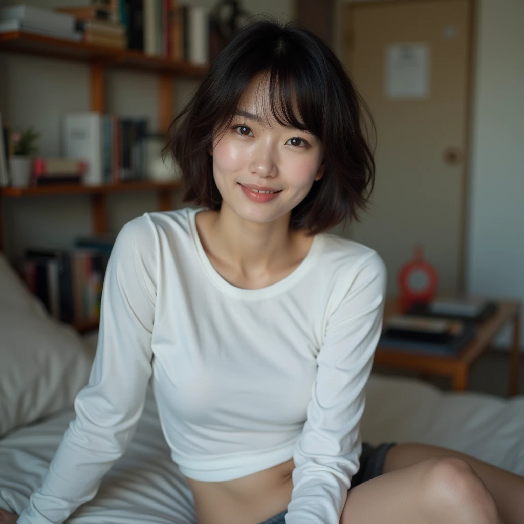 Short Hair Woman、Hair is semi-long and dark brown、Gentle expression looking straight at the camera、Sitting on the bed、Leaning slightly forward towards the camera、a thin white long-sleeved T-shirt、a tight fit is emphasized、indoor、Behind her is a bookshelf、table、I can see the door、part of a living space、indoorの明るい照明で、a slightly cool tone of light、a quiet and private space、Calm atmosphere、Short bangs、Young Japanese