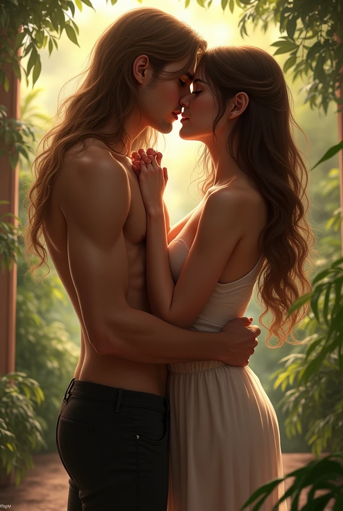 HD quality, high definition,male is 18 years old handsome and muscular and slim, male has red lips, leaning against a tree branch naked and penis exposed, the female is kissing the male's abs, Romantic sex scene, the male is wearing necklace