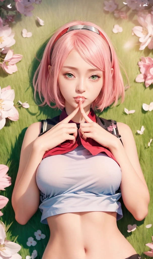 haruno sakura, naruto \(series\), naruto shippuuden, anime art style, masterpiece, red shirt, shirt, short hair, sleeveless, sleeveless shirt, forehead protector, hairband, konohagakure symbol on hairband, 1girl, solo, bangs, breasts, cosplay, real person, real life, closed mouth, elbow sleeve, eyes visible through hair, playing kunai, blue sky, floating hair, foreshortening, green eyes, detile eyes, hair intakes, parted bangs, pink hair, small breasts, v-shaped eyebrows, detailed background, outdoor, cherry blossoms, sky, (ultra detailed), (8k, intricate), (85mm), light particles, lighting, full body, (highly detailed:1.2), breast focus, (gradients), sfw, colorful, (detailed background), (rule of third_composition:1.3), (Line of action:1.2), daylight, solo