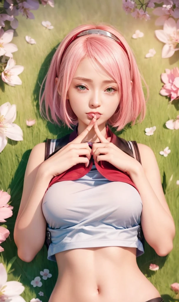 haruno sakura, naruto \(series\), naruto shippuuden, anime art style, masterpiece, red shirt, shirt, short hair, sleeveless, sleeveless shirt, forehead protector, hairband, konohagakure symbol on hairband, 1girl, solo, bangs, breasts, cosplay, real person, real life, closed mouth, elbow sleeve, eyes visible through hair, playing kunai, blue sky, floating hair, foreshortening, green eyes, detile eyes, hair intakes, parted bangs, pink hair, small breasts, v-shaped eyebrows, detailed background, outdoor, cherry blossoms, sky, (ultra detailed), (8k, intricate), (85mm), light particles, lighting, full body, (highly detailed:1.2), breast focus, (gradients), sfw, colorful, (detailed background), (rule of third_composition:1.3), (Line of action:1.2), daylight, solo