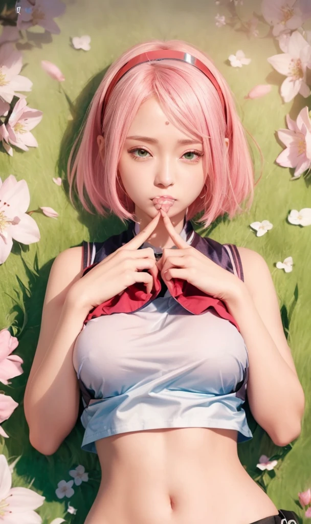 haruno sakura, naruto \(series\), naruto shippuuden, anime art style, masterpiece, red shirt, shirt, short hair, sleeveless, sleeveless shirt, forehead protector, hairband, konohagakure symbol on hairband, 1girl, solo, bangs, breasts, cosplay, real person, real life, closed mouth, elbow sleeve, eyes visible through hair, playing kunai, blue sky, floating hair, foreshortening, green eyes, detile eyes, hair intakes, parted bangs, pink hair, small breasts, v-shaped eyebrows, detailed background, outdoor, cherry blossoms, sky, (ultra detailed), (8k, intricate), (85mm), light particles, lighting, full body, (highly detailed:1.2), breast focus, (gradients), sfw, colorful, (detailed background), (rule of third_composition:1.3), (Line of action:1.2), daylight, solo