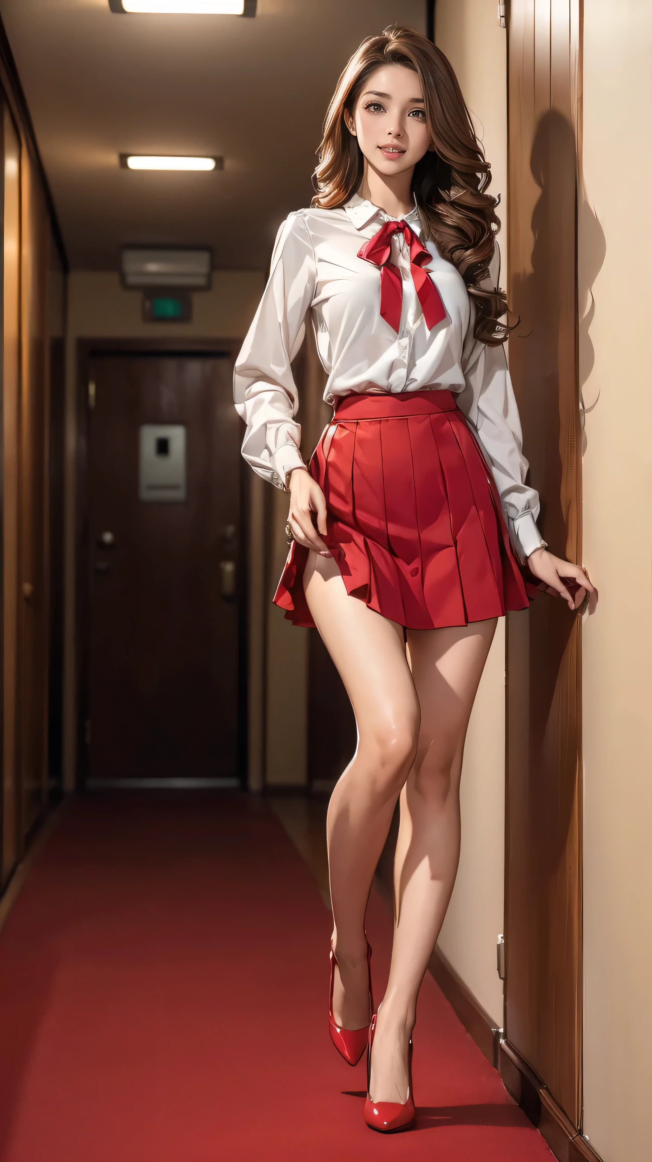 ((Highest quality,4K,High resolution,masterpiece:1.2)),((Character Concept Art)), 1 female, 20-year-old women, ((Shoulder-length brown hair、Hair curled loosely inwards)), (Skin as white as snow), Very detailed eyes (Brown Eye Color), have confidence, beautiful, slim body build, Big Breasts、((Intricate details)), Very finely crafted needles, Very finely crafted fingers(((10 fingers))), a red button-up blouse,Ribbon blouse、a red mini school skirt, Wearing red 12cm heels, (Full-body showcase), (Show whole body),A shy smile、In the school hallway、They are running towards us at full speed.:1.4