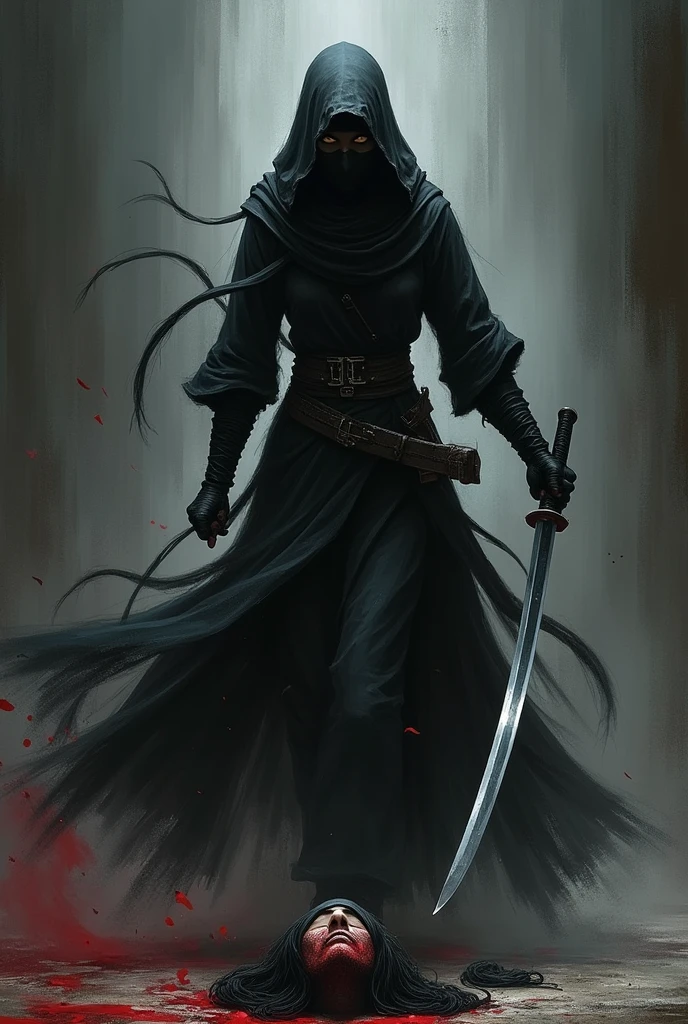 Masked female assassin wields katana and beheads enemy