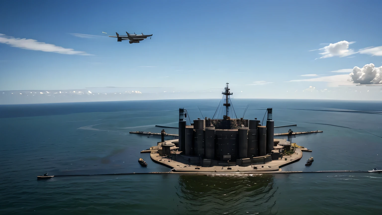 Protecting the Oil: A defensive structure or anti-aircraft setup with US fighter jets in the distance, highlighting the protective theme.