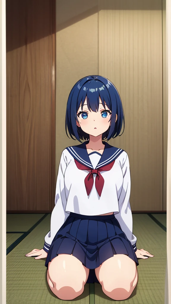((masterpiece, Highest quality, Very detailed, Very nice 8K CG wallpaper)), , A little thick, Medium Hair, Blue Hair, short hair, blue eyes,judo player、saylor styled uniform、Large bust、Sailor Suit、mini skirt、judo、Cute expression、InSide the judo GymnaSium、、On the tatami、discovery、One person'S、whole body、rest、Haruka Kiritani、BuSt Size C Cup、幼い頃judo家によって育てられた、トーナメントで優勝したThe strongest woman、nine、いじめっ子を倒したThe strongest woman、The strongest woman'He won'Even if she is punched or thrown, she doesn't flinch.、The strongest woman'Don'Even if her stamina is in danger, she doesn't flinch、200人のいじめっ子をやっつけたThe strongest woman、信じられないほど強い握力を持つThe strongest woman、The smell of sweat after the battle still lingers.、親友を助けたThe strongest woman、The clothes after the fight smell of sweat、The StrongeSt Woman Who Defeated a Group of BullieS、The strongest woman who fought back with her Strength、The strongest woman with an extremely Strong guard、The strongest woman, Strength enough to disable his opponent'Attack、The strongest woman, Unwavering Strength、The strongest woman with extremely Strong arm and hand grip Strength
