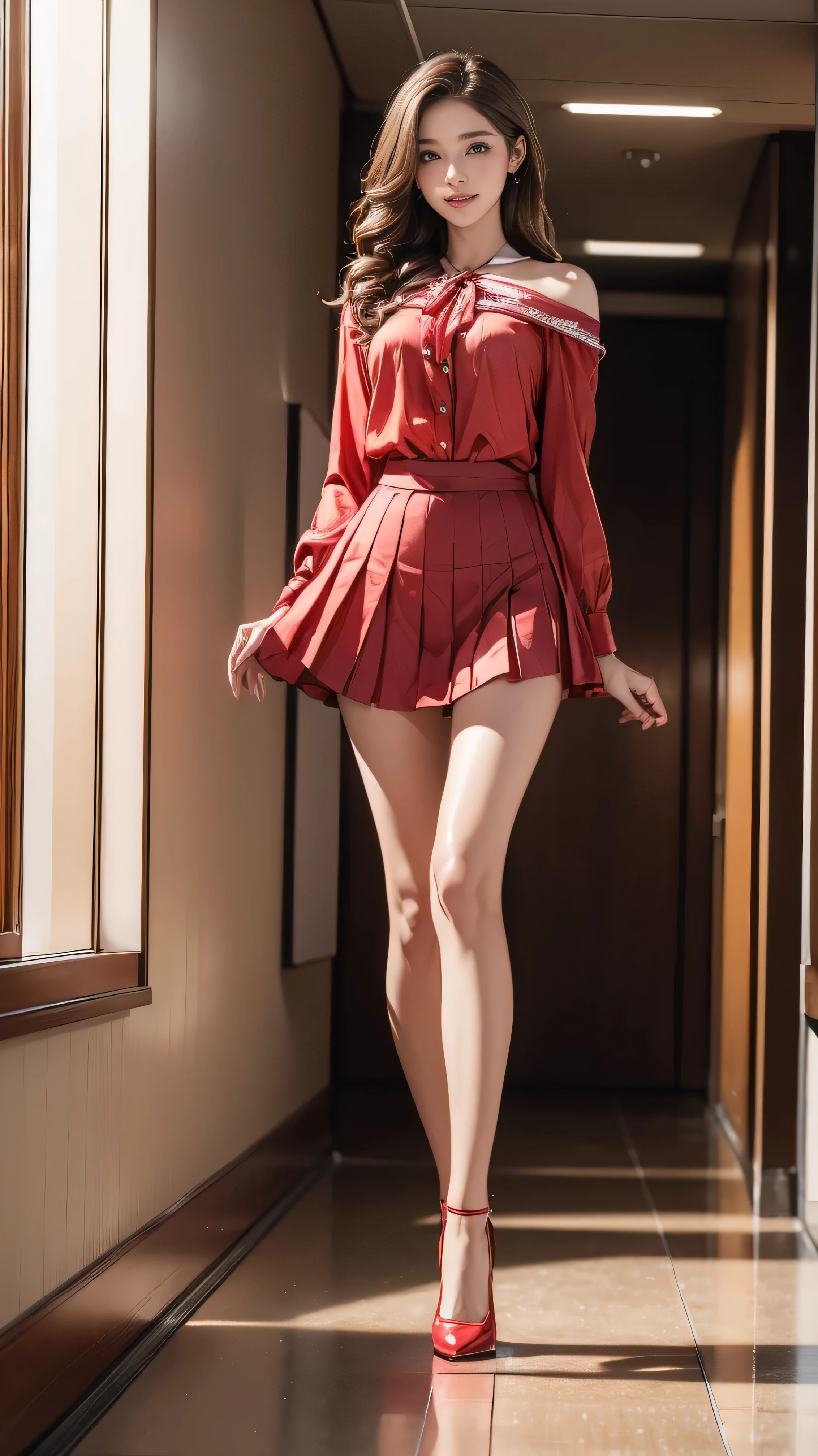 ((Highest quality,4K,High resolution,masterpiece:1.2)),((Character Concept Art)), 1 female, 20-year-old women, ((Shoulder-length brown hair、Hair curled loosely inwards)), (Skin as white as snow), Very detailed eyes (Brown Eye Color), have confidence, beautiful, slim body build, Big Breasts、((Intricate details)), Very finely crafted needles, Very finely crafted fingers(((10 fingers))), a red button-up blouse,Ribbon blouse、a red mini school skirt, Wearing red 12cm heels, (Full-body showcase), (Show whole body),A shy smile、In the school hallway、They are running towards us at full speed.:1.4